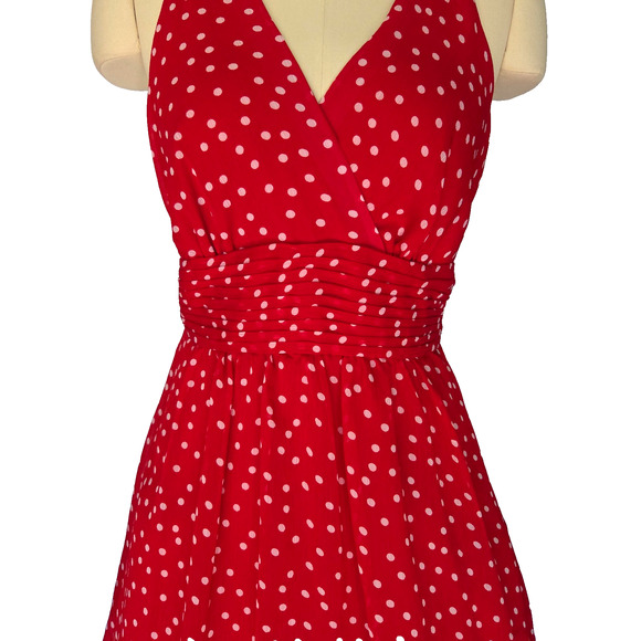 Vintage Y2K does 50s Red Polka Dot Fit & Flare Dress Size 6 V Neck Pin Up Retro - Picture 4 of 9